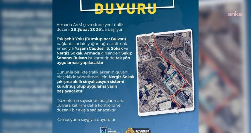 Ankara Büyükşehir Belediyesi’nden AVM trafiğini azaltmaya yönelik çalışma: Yarın itibarıyla tek yön uygulaması başlıyor Ankara Büyükşehir Belediyesi Ulaşım Koordinasyon Merkezi (UKOME) kararları doğrultusunda AVM