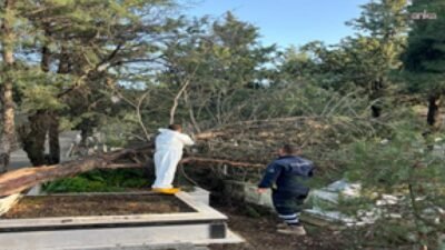 İzmir’de fırtınadan etkilenen mezarlıklarda bakım onarım çalışması yapıldı İzmir Büyükşehir Belediyesi, kentte etkili olan şiddetli yağış ve fırtınanın