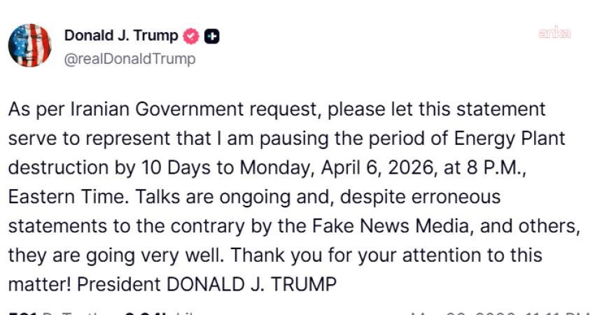 Trump’tan İran açıklaması: Enerji santralinin yıkımını 10 gün erteledik ABD Başkanı Donald Trump, İran hükümetinin talebi doğrultusunda enerji santraline