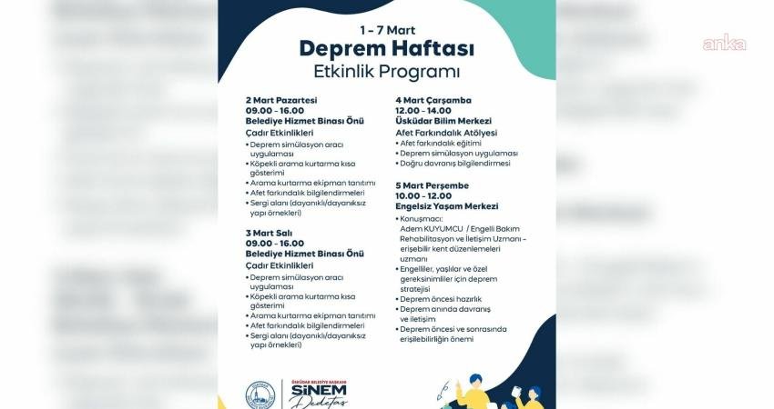 Üsküdar Belediyesi’nden Deprem Haftası’nda kapsamlı farkındalık programı Üsküdar Belediyesi, 1–7 Mart Deprem Haftası’nda afetlere karşı toplumsal bilinci