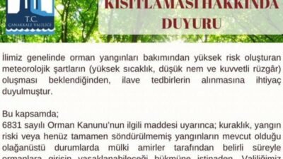 Çanakkale Valiliği, ormanlık alanlara girişlerin yasaklandığını duyurdu. Çanakkale genelinde 1