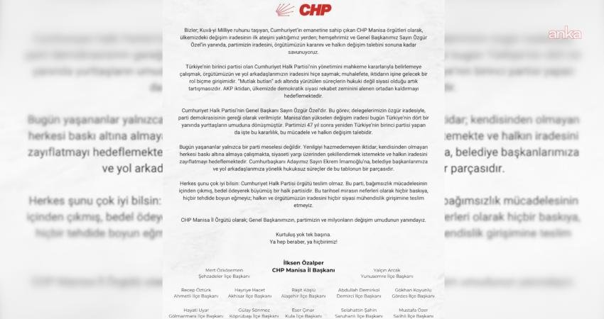 CHP Kurultayı’nın iptal kararı… CHP Manisa İl Başkanlığı: CHP’nin Genel Başkanı Özgür Özel’dir Ankara Bölge Adliye Mahkemesi 36. Hukuk Dairesi’nin CHP’nin 38. Olağan
