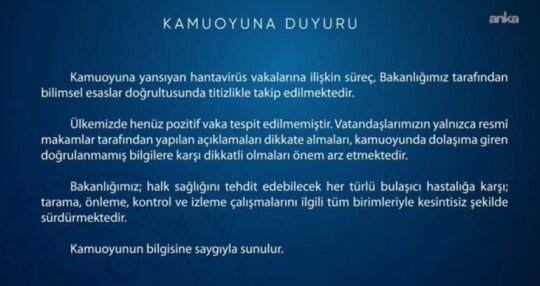 Sağlık Bakanlığı Halk Sağlığı Genel Müdürlüğü, hantavirüs vakalarına ilişkin yaptığı