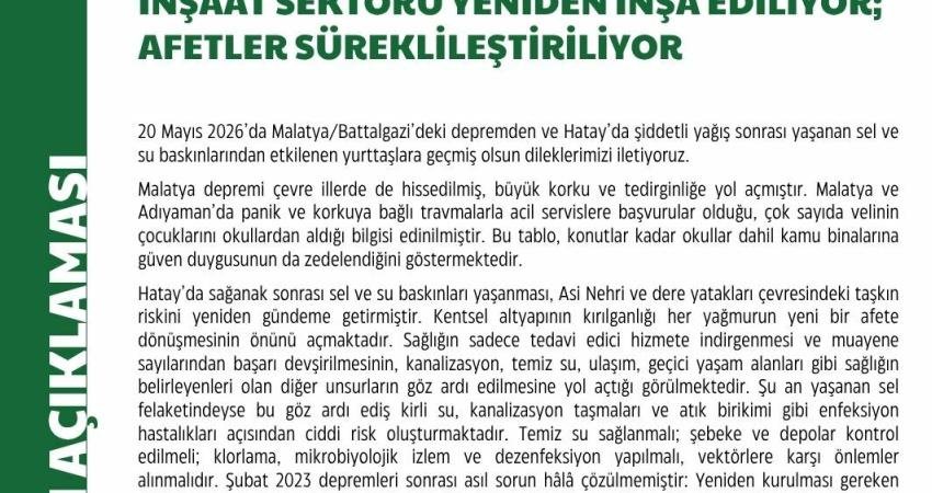 Türk Tabipler Birliği’nin Malatya/Battalgazi’deki depremden ve Hatay’daki sel felaketinden sonra