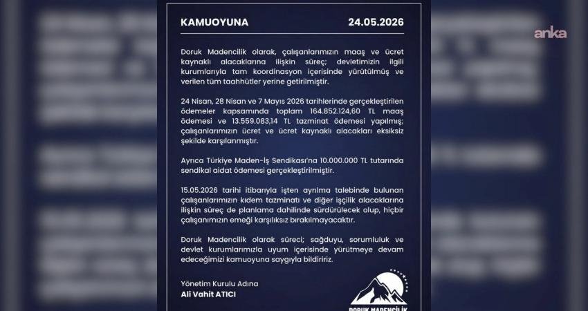 Yıldızlar Holding: “Doruk Madencilik işçilerine yönelik tüm taahhütler yerine getirildi” Yıldızlar Holding, Doruk Madencilik bünyesindeki işçilerin maaş, tazminat ve ücret