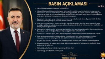 AK Parti Adana İl Başkanı Tamer Dağlı, görevinden istifa ettiğini açıkladı.