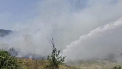Muğla'nın Marmaris ilçesinin Asparan mevkisinde ekili alanda çıkan yangın havadan
