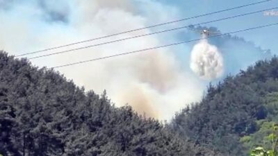 Manisa'nın Soma ilçesinde ormanlık alanda çıkan yangın, ekiplerin havadan ve