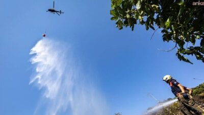 İzmir’in Aliağa ilçesi Samurlu otoyol bağlantısı üzerinde çıkan orman yangını,