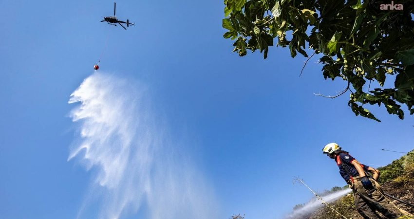 İzmir’in Aliağa ilçesi Samurlu otoyol bağlantısı üzerinde çıkan orman yangını,
