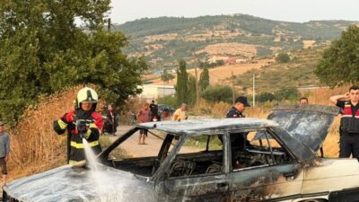 Balıkesir’in Bigadiç ilçesine bağlı Balatlı Mahallesi’nde bir araçta çıkan yangın,