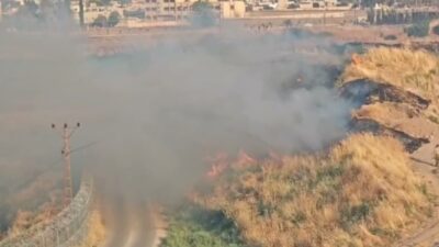 Mardin’in Nusaybin ilçesinde, Suriye sınırındaki mayınlı bölgede çıkan anız yangını,