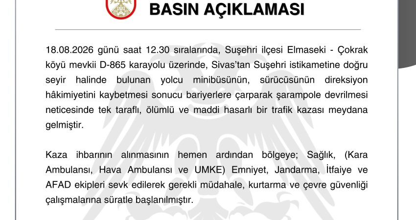 Sivas'ın Suşehri ilçesinde yolcu minibüsünün bariyerlere çarparak şarampole devrilmesi sonucu