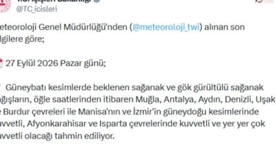 İçişleri Bakanlığı, Meteoroloji Genel Müdürlüğü’nün tahminlerine dayanarak 27 Eylül Pazar