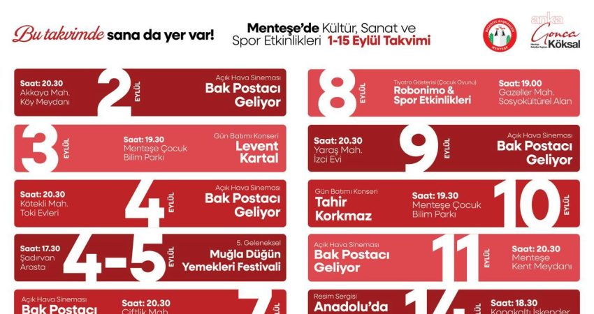 Menteşe’de “Bu Takvimde Sana da Yer Var!” etkinlikleri başladı Menteşe Belediyesi, 1-15 Eylül 2026 tarihleri arasında "Bu Takvimde Sana da