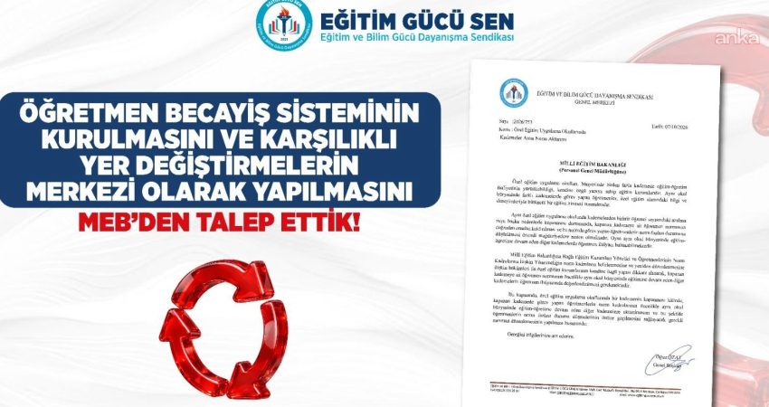 Eğitim Gücü Sen’den MEB’e merkezi “Öğretmen Becayiş Sistemi” başvurusu Eğitim Gücü Sen, öğretmenlerin karşılıklı yer değiştirme (becayiş) taleplerinin elektronik