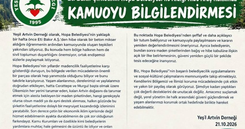Yeşil Artvin Derneği, Eti Bakır'ın Hopa Belediyesi'ne beton mikseri hibe etmesine